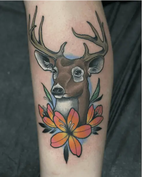 Colored Deer With Flowers Arm Tattoo