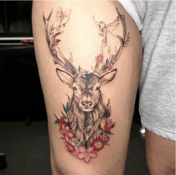 Deer with Two Birds and Flowers Leg Tattoo