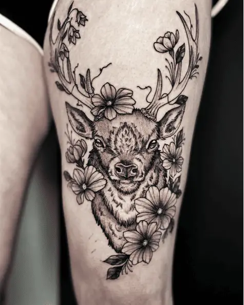 Deer Surrounded By Flowers Leg Tattoo