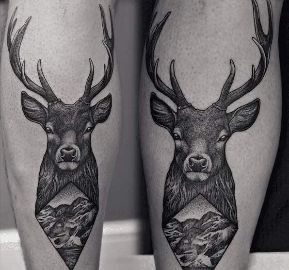 Black Ink Deer and Landscape Leg Tattoo