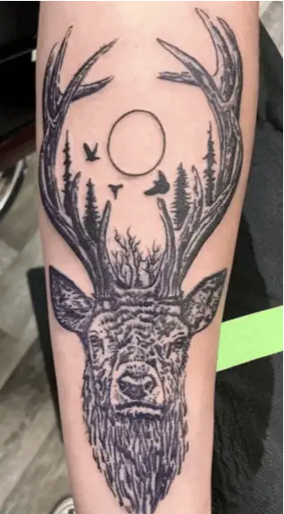 Full Moon Forest at Deer Antlers Arm Tattoo