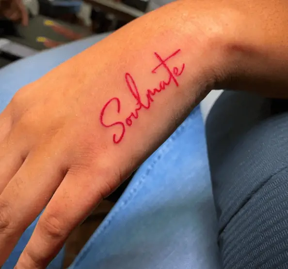 Red Ink Soulmate Lettering Tattoo