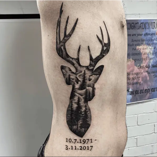 Forest Land in Deer Silhouette Rib Tattoo