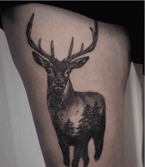Dawn Forest at Deer's Body Thigh Tattoo