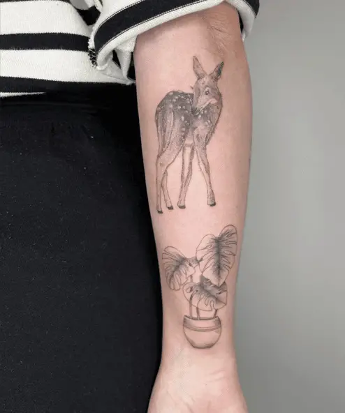 Young Deer Standing and a Plant Pot Arm Tattoo