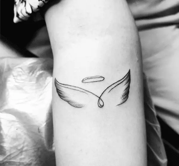Wings With Halo Line Art Arm Tattoo