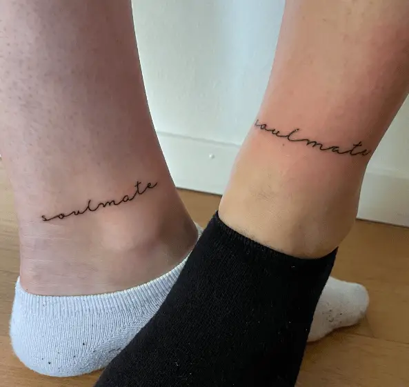 Matching Soulmate Lettering Tattoo on the Leg