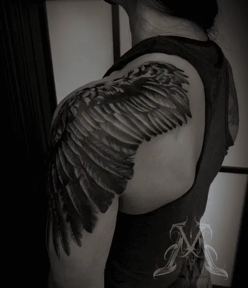Intricate Angel Wings Shoulder Tattoo
