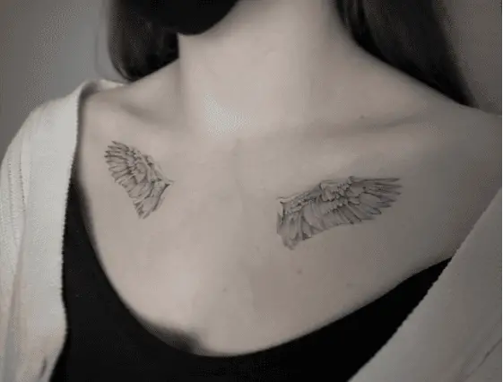 Detailed Two Angel Wings Collarbone Tattoo