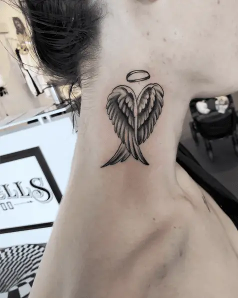 Crossed Angel Wings Side Neck Tattoo
