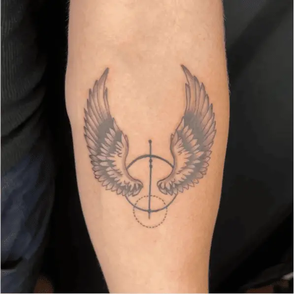 Angel Wings Spread Out With Circle Elements Arm Tattoo