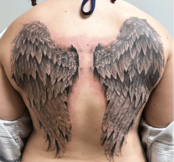 Realistic Angel Wings Full Back Tattoo