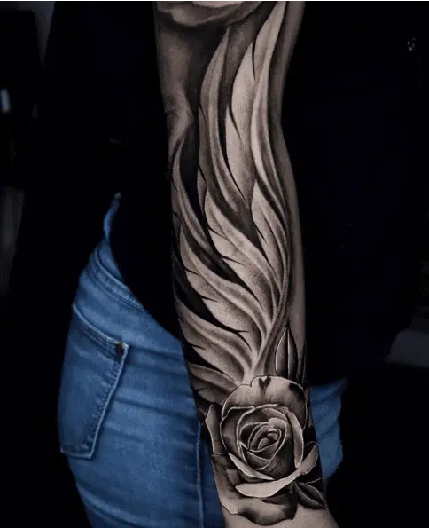 Angel Wing With Rose Full Sleeve Arm Tattoo
