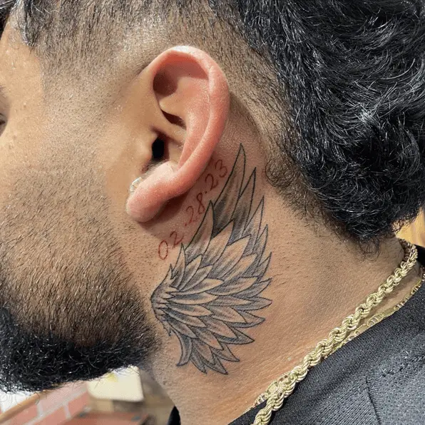 Feather Like Angel Wing With Date Neck Tattoo