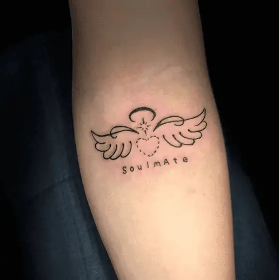 Soulmate Text with Heart and Angel Wings Tattoo