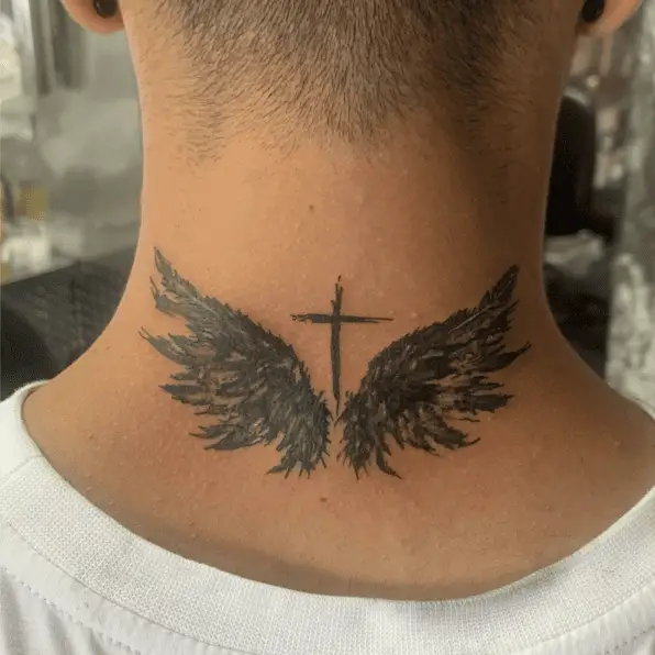Black Ink Cross And Angel Wings Neck Tattoo