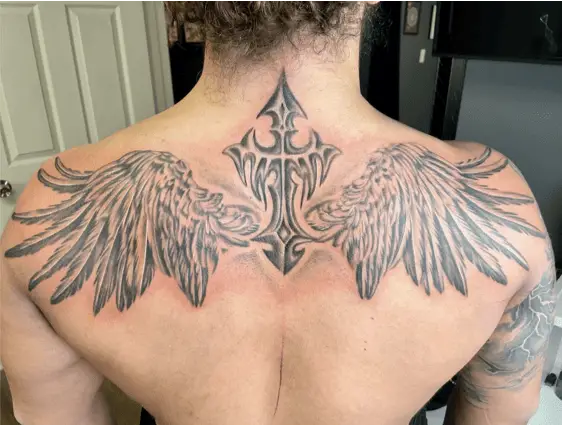 3D Black And Grey Cross And Angel Wings Back Tattoo