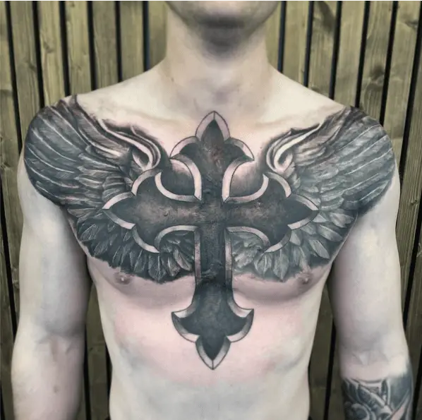 Colossal Cross And Angel Wing Full Chest Tattoo