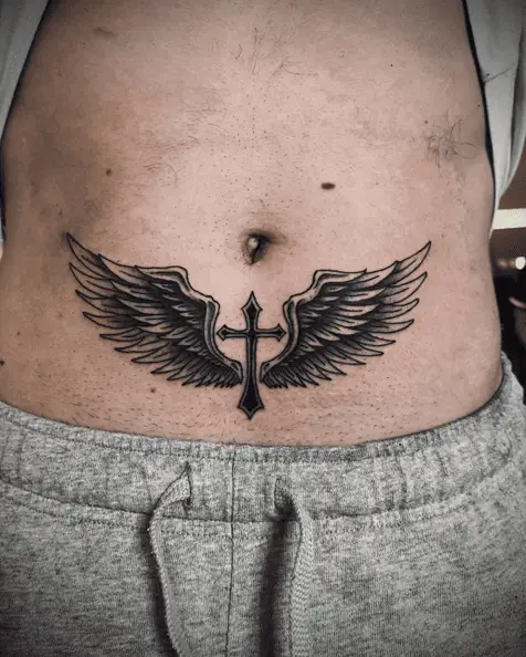 Black Cross And Angel Wing Lower Tummy Tattoo