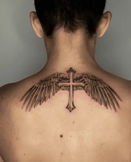 Realistic Cross and Angel Wing Back Tattoo
