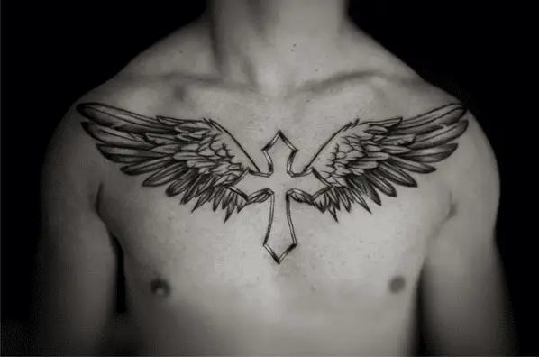Big Cross And Angel Wing Full Chest Tattoo
