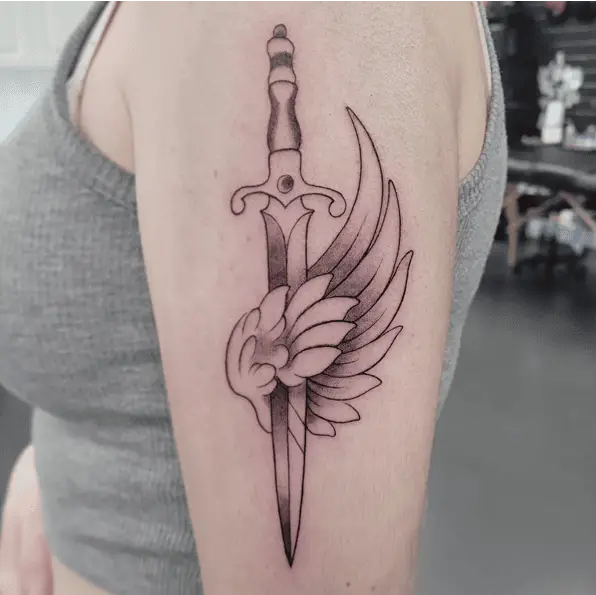 Sword And Angel Wing Side Arm Tattoo