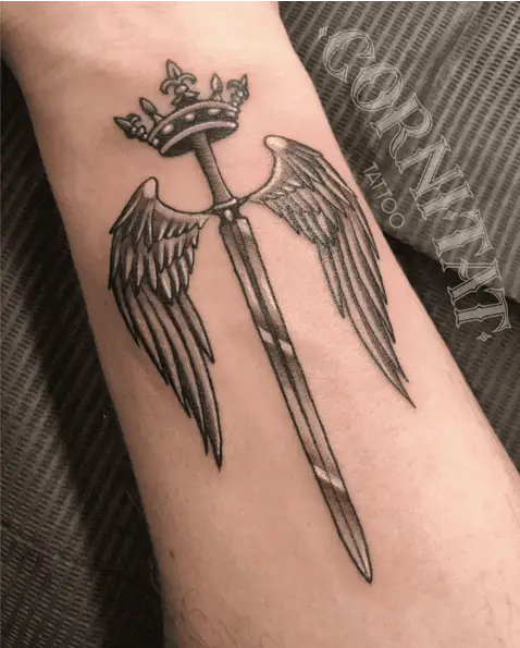 Sword And Angel Wing With Crown Arm Tattoo