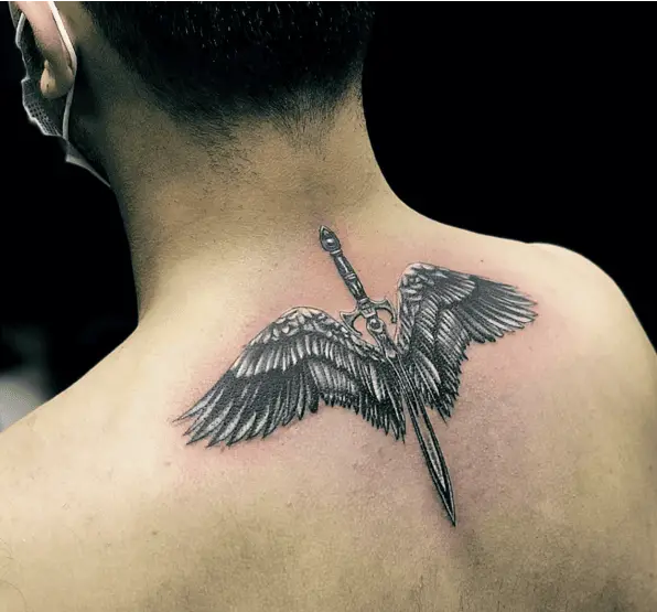 Metallic Sword And Angel Wing Back Tattoo