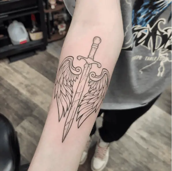 Outline Sword Angel Wing Arm Tattoo