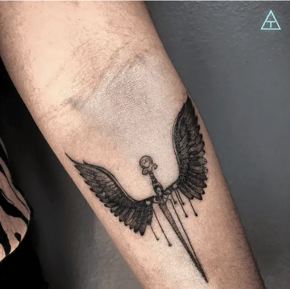 Medieval Black Sword Blade And Angel Wing Arm Tattoo