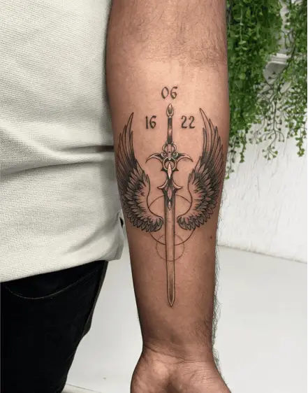 Elegant Sword And Angel Wing With Numbers Arm Tattoo