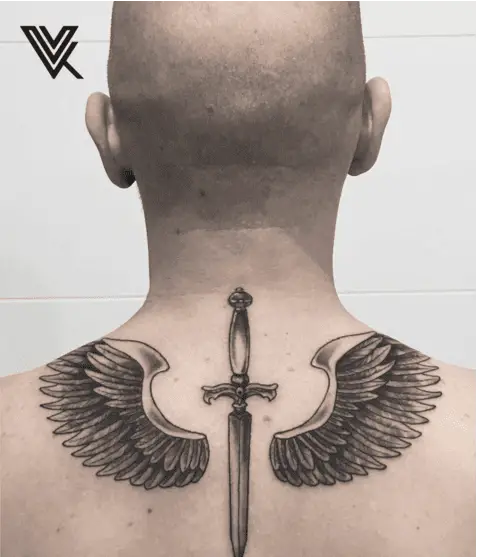 Black And Grey Sword and Angel Wing Back Tattoo