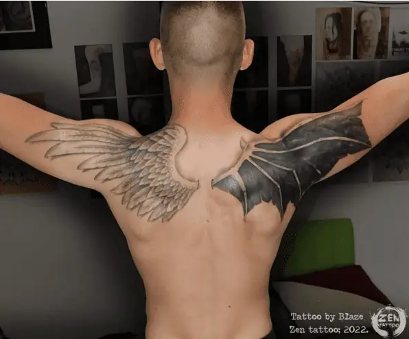 Angel And Demon Wings Full Arm Back Tattoo