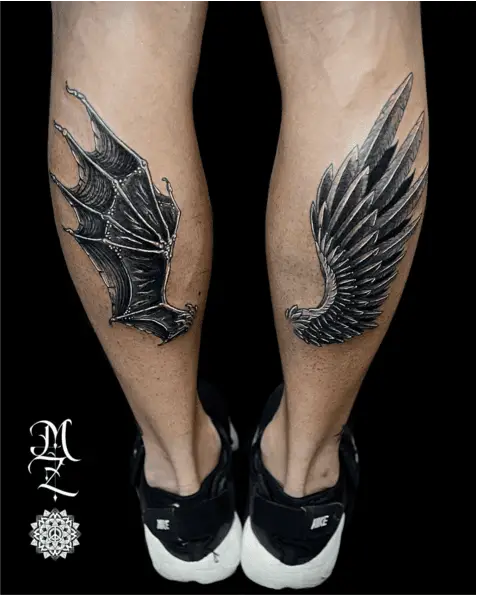 Steel Detailed Heavenly Angel And Fallen Angel Wings Leg Tattoo