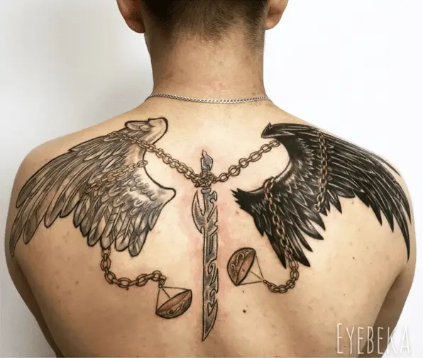 Chain And Sword Heavenly Angel And Fallen Angel Back Tattoo