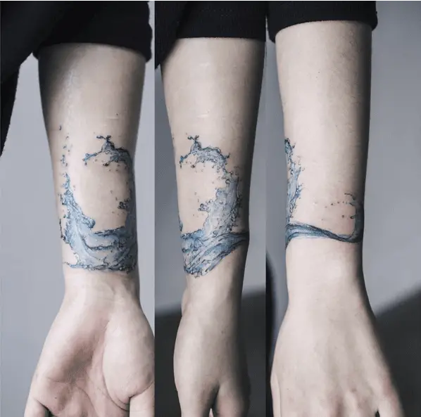 Realistic Blue Water Splash Wrist Tattoo
