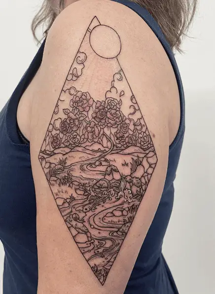 Diamond Sunny Nature River Upper Arm Tattoo