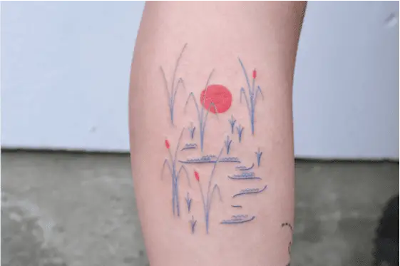 Red Moon Stream with Flowers Leg Tattoo