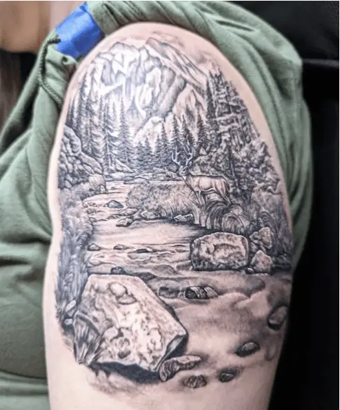 Nature Forest River Upper Arm Tattoo
