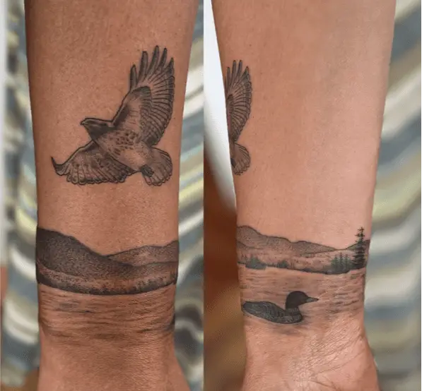 Flying Bird and Duck in Lake Wrist Tattoo