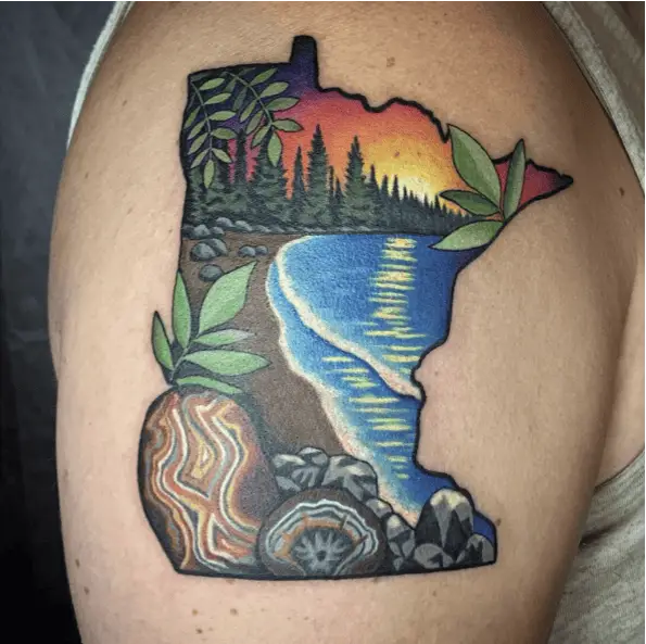 Sunset View Forest Lake Upper Arm Tattoo