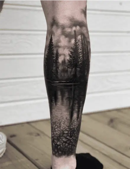 Dawn Forest Reflection Lake Leg Tattoo