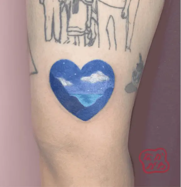 Cute Blue Heart Shape Lake Leg Tattoo