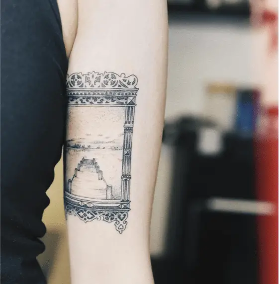Wooden Pathway Lake in Antique Frame Arm Tattoo