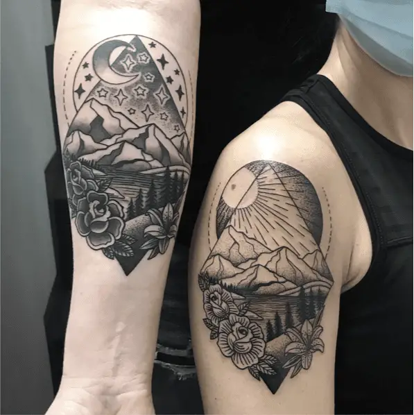 Detailed Negative Space Lake Matching Tattoo