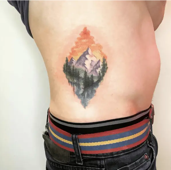 Colored Lake in Diamond Shape Rib Tattoo