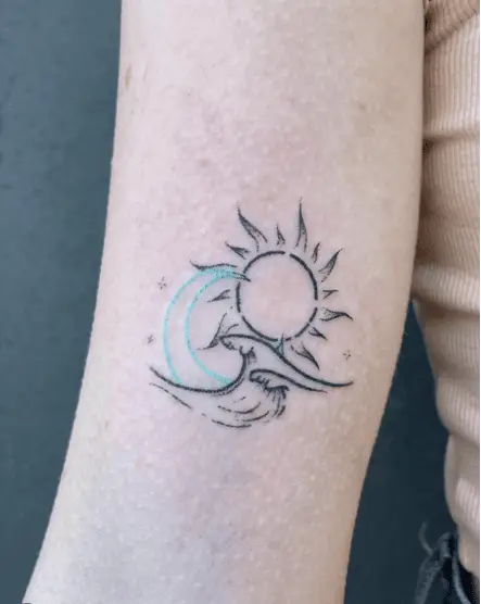 Crescent Moon, Sun and Curved Wave Tattoo