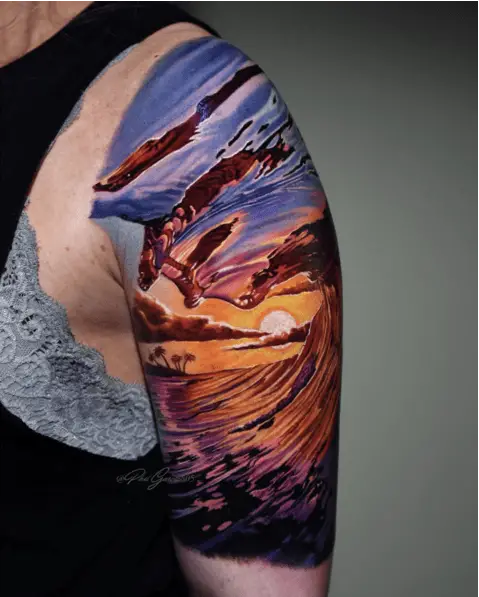 Colorful Ocean Sunset Upper Arm Tattoo