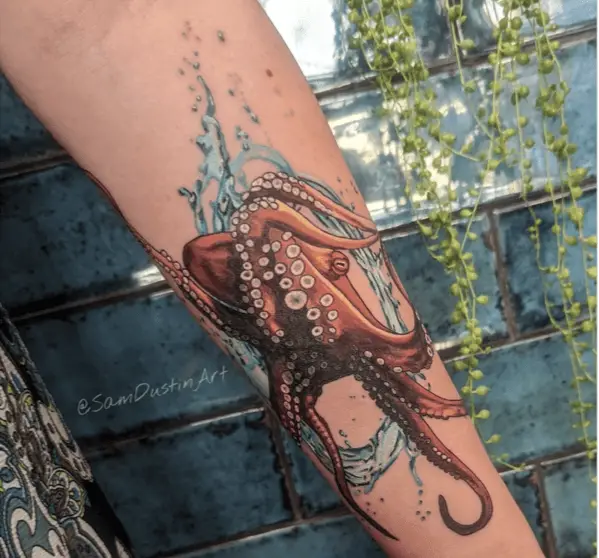 Colored Octopus in a Splashing Sea Arm Tattoo