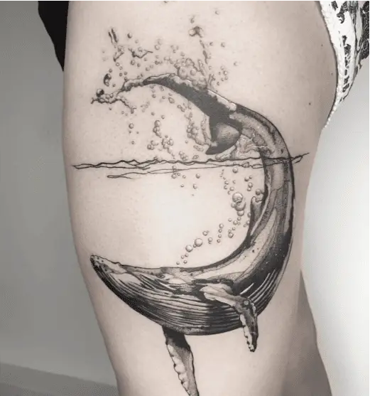 Diving Whales in the Ocean Thigh Tattoo